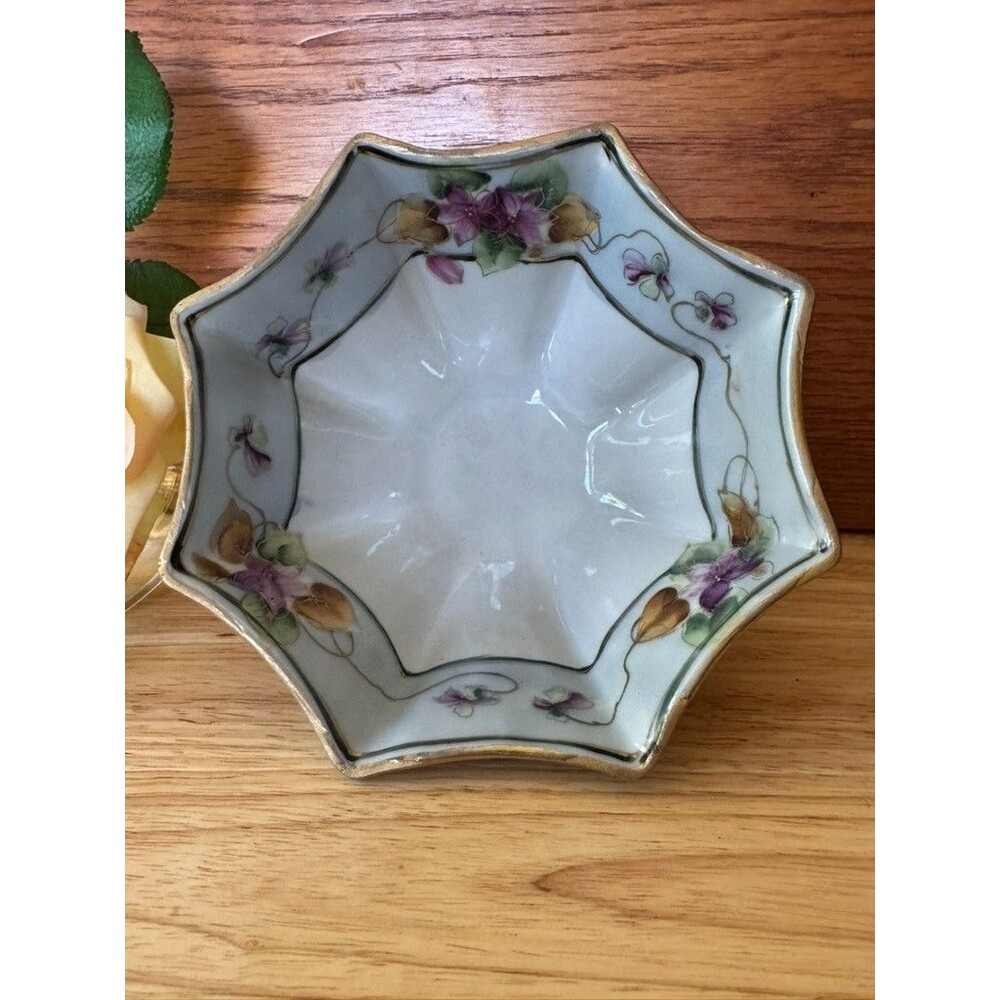 Antique TANEGA Nippon Hand Painted Footed Bowl Star Shaped Floral Gold Gilt